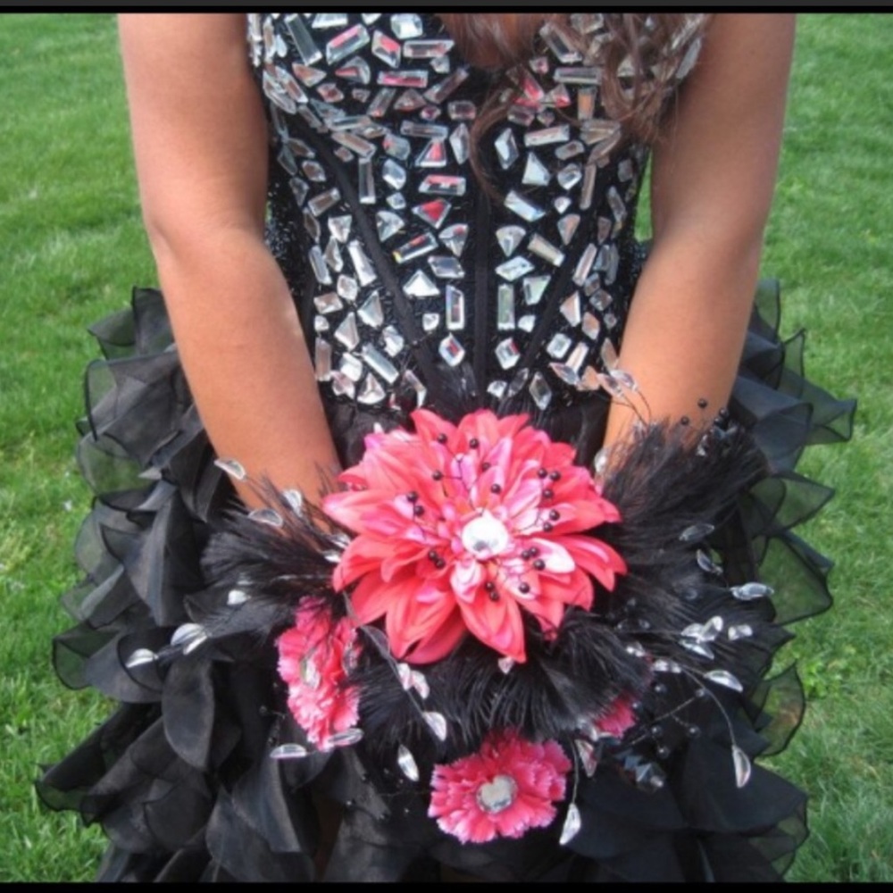 Jovani Black Ruffle and Rhinestone High Low Dress Size 12